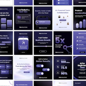 May include: A collection of digital marketing graphics with a dark blue and purple color scheme. The graphics feature text and icons related to technology, AI, and business solutions. The text includes phrases like "Now Featuring Next-Gen" and "AI-Powered Team Collaboration."