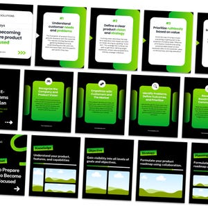 Könnte beinhalten: Eine Sammlung von Informationskarten in Schwarz und Grün, die nummerierte Schritte und Textüberschriften wie Understand customer needs and problems, Define a clear product vision and strategy sowie Prioritize ruthlessly based on value enthalten.