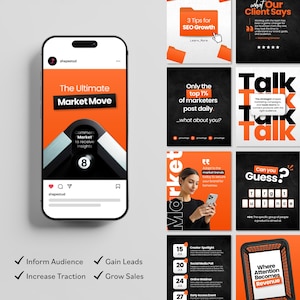 May include: A smartphone displaying a social media feed with orange and black graphics. The screen shows a post titled The Ultimate Market Move featuring an eight ball graphic and text prompting users to comment Market for insights.