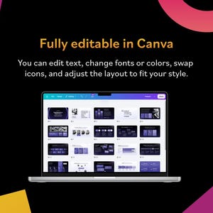 K&ouml;nnte beinhalten: Ein Laptop zeigt eine Pr&auml;sentationsvorlage mit verschiedenen Folienentw&uuml;rfen. Der Bildschirm zeigt eine Vielzahl von Layouts in Lila- und Wei&szlig;t&ouml;nen. Der Text "Fully editable in Canva" steht oben, mit Anweisungen darunter.