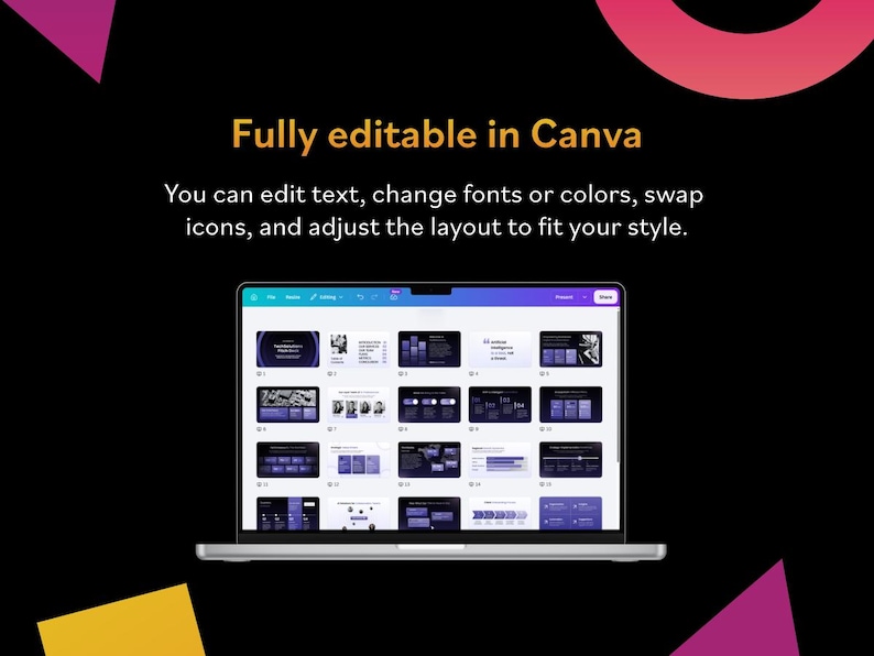 K&ouml;nnte beinhalten: Ein Laptop zeigt eine Pr&auml;sentationsvorlage mit verschiedenen Folienentw&uuml;rfen. Der Bildschirm zeigt eine Vielzahl von Layouts in Lila- und Wei&szlig;t&ouml;nen. Der Text "Fully editable in Canva" steht oben, mit Anweisungen darunter.