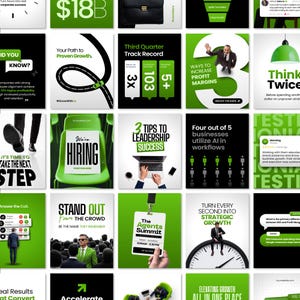 Puede incluir: Una cuadrícula de veinticinco gráficos cuadrados para redes sociales con una paleta de colores consistente en negro, blanco y verde vibrante. Los diseños incluyen texto empresarial, gráficos, iconos y fotografías relacionadas con el crecimiento corporativo.