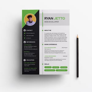 May include: A modern CV template in black, white, and green, featuring a photo, contact details, and work history. The name "Ryan Jetto" and the job title "Web Developer" are at the top. A black pencil lies on the right side, next to the document.