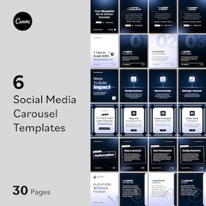 May include: A set of Canva social media carousel templates. The design includes 6 templates with 30 pages, featuring text such as "Your Blueprint for AI-Driven Success" and "3 Tips to Scale With Generative AI". The colour scheme is mainly dark blue and white.