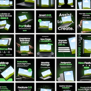 Op de afbeelding: Een verzameling digitale marketingafbeeldingen op een donkere achtergrond. Elke afbeelding toont een laptop, tablet of telefoon met tekst als "Portfolio", "Smart UI Kit" en "New Page is available". Het kleurenschema is voornamelijk groen en zwart.