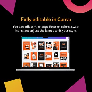 May include: A laptop screen displays various orange and white Canva templates with text. The text on the screen includes "Fully editable in Canva" and "You can edit text, change fonts or colors, swap icons, and adjust the layout to fit your style."