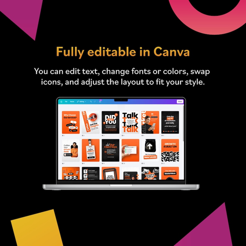 May include: A laptop screen displays various orange and white Canva templates with text. The text on the screen includes "Fully editable in Canva" and "You can edit text, change fonts or colors, swap icons, and adjust the layout to fit your style."