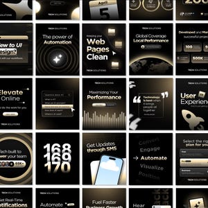 May include: A series of digital marketing and tech solution graphics in black and gold. The designs feature text like "Web Pages Clean", "Automate", and "Maximising Your Performance".
