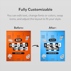 May include: Image showing a before-and-after comparison of a design. The "Before" image is orange with the text "DIGITAL TATICS" and "BLOG". The "After" image is blue with "SOCIAL HOURS" and "New Event". The text "Fully Customizable" is at the top.