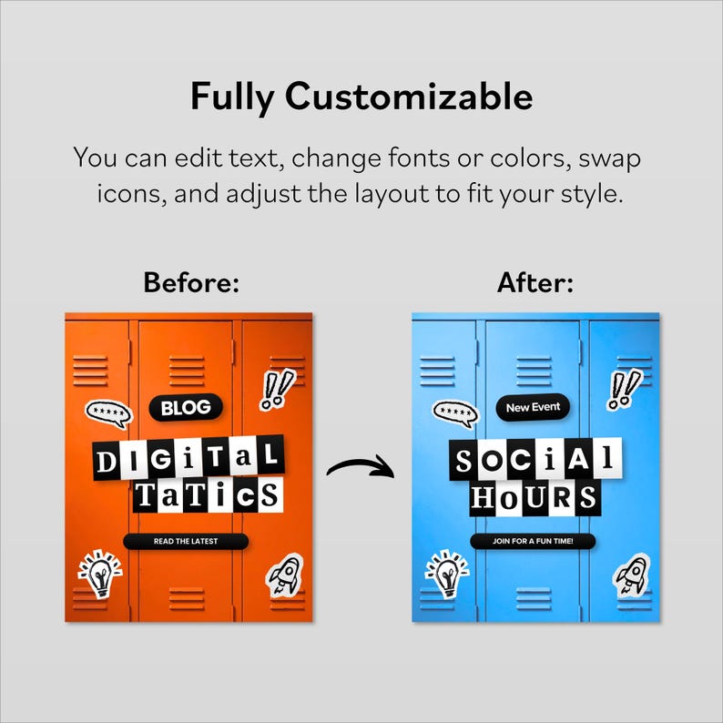 May include: Image showing a before-and-after comparison of a design. The "Before" image is orange with the text "DIGITAL TATICS" and "BLOG". The "After" image is blue with "SOCIAL HOURS" and "New Event". The text "Fully Customizable" is at the top.