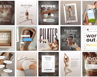 Yoga Social Media Templates Canva | Pilates Instagram Posts | Fitness Coach Content | Neutral Instagram Feed Aesthetic | Health Studio Media