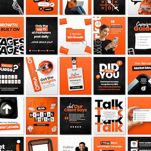 May include: A collection of twenty-five square social media graphics featuring a consistent orange, black, and white color scheme. The designs include various marketing-themed text, icons, and photographic elements related to digital strategy.