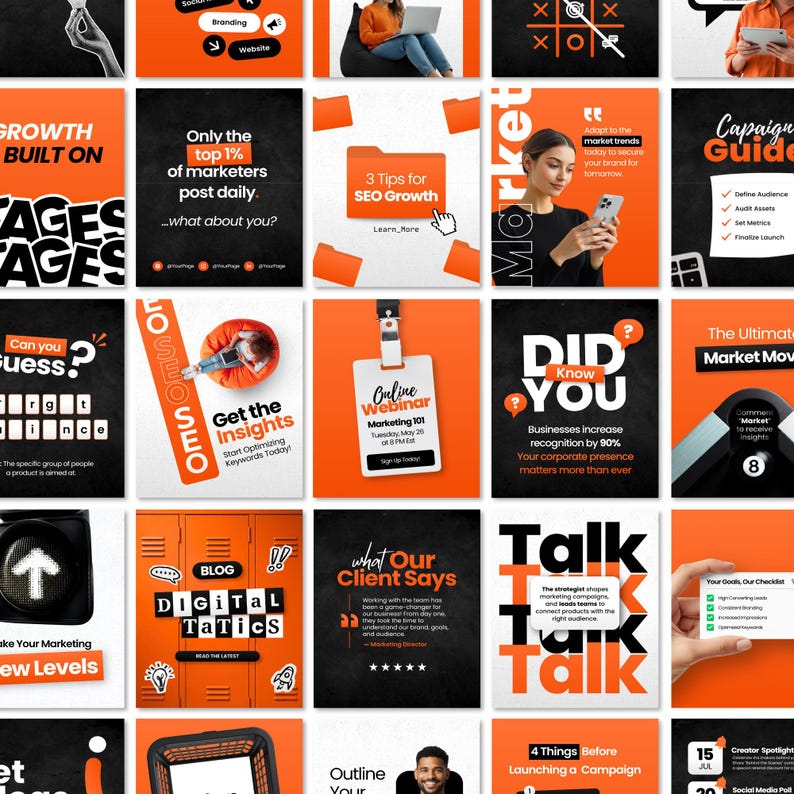 May include: A collection of twenty-five square social media graphics featuring a consistent orange, black, and white color scheme. The designs include various marketing-themed text, icons, and photographic elements related to digital strategy.