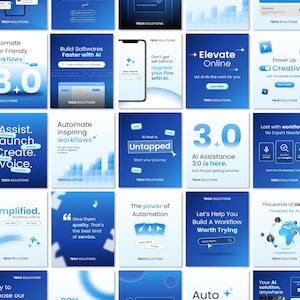 Pode incluir: Uma coleção de gráficos promocionais azuis e brancos para Tech Solutions. Os designs apresentam texto como "Build Softwares Faster with AI", "Elevate Online" e "AI Assistance 3.0 is here". O tema geral são soluções de automação e fluxo de trabalho.