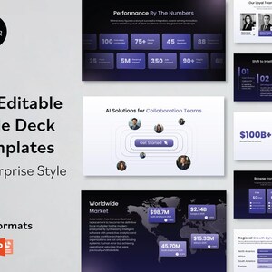 K&ouml;nnte beinhalten: Ein digitales Produktlisting mit 30 bearbeitbaren Folienvorlagen im Unternehmensstil. Das Bild zeigt verschiedene Folienentw&uuml;rfe mit Datenvisualisierungen, Diagrammen und Fotos von Teammitgliedern. Die Canva- und PowerPoint-Dateiformate sind enthalten.