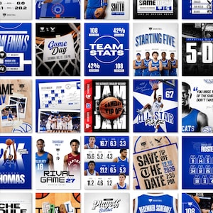 May include: A collection of basketball-themed social media graphics featuring team stats, game schedules, player profiles, and tournament brackets in blue and white color schemes with text including Game Day, Starting Five, and Jam.