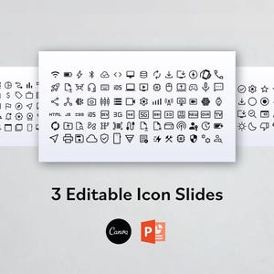 K&ouml;nnte beinhalten: Drei wei&szlig;e Folien mit einer Vielzahl schwarzer Icons, die verschiedene Funktionen und Konzepte darstellen. Der Text "3 Editable Icon Slides" wird darunter zusammen mit Canva- und PowerPoint-Logos angezeigt.