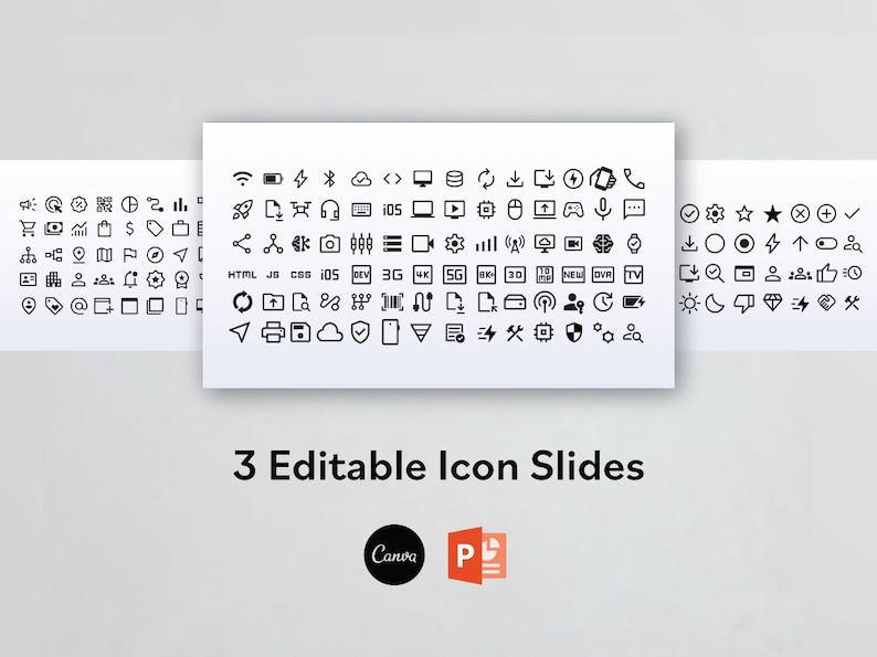 K&ouml;nnte beinhalten: Drei wei&szlig;e Folien mit einer Vielzahl schwarzer Icons, die verschiedene Funktionen und Konzepte darstellen. Der Text "3 Editable Icon Slides" wird darunter zusammen mit Canva- und PowerPoint-Logos angezeigt.