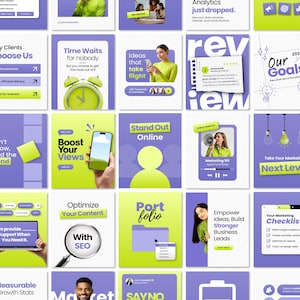 Könnte beinhalten: Eine Sammlung von Social-Media-Marketing-Vorlagen in einem leuchtenden Lila- und Limettengrün-Farbschema. Die Designs umfassen verschiedene Layouts mit Texten wie Boost Your Views, Optimize Your Content und Your Marketing Checklist.