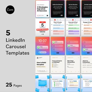 Peut inclure: Une collection numérique de 5 modèles de carrousel LinkedIn comprenant 25 pages au total. Le design présente diverses mises en page avec des textes tels que 3 Strategies that drive AI Success, Weekly Marketing Calendar et How to Build Discipline.