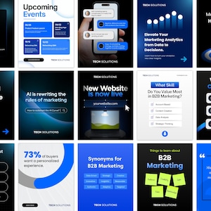 Op de afbeelding: Een verzameling digitale marketingafbeeldingen met een blauw en wit kleurenschema. De afbeeldingen bevatten tekst zoals "Aankomende evenementen", "Nieuwe website is nu live" en "Verhoog uw marketinganalyse".