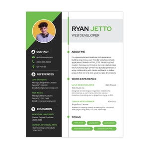 May include: A professional resume for Ryan Jetto, a web developer. The resume features a headshot, contact information, references, and education details. It highlights skills in HTML, CSS, JavaScript, and UI/UX design, with work experience at Web Studio Inc.