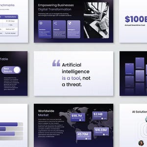 May include: A digital presentation with multiple slides. Key topics include performance benchmarks, digital transformation, and worldwide market data. The text "Artificial intelligence is a tool, not a threat" is prominently displayed.