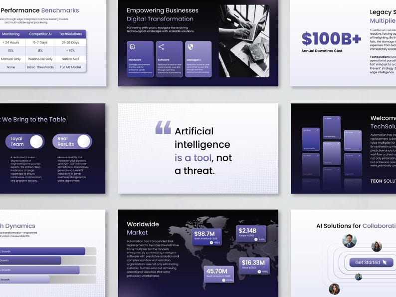 K&ouml;nnte beinhalten: Eine digitale Pr&auml;sentation mit mehreren Folien. Zu den wichtigsten Themen geh&ouml;ren Leistungsbenchmarks, digitale Transformation und weltweite Marktdaten. Der Text "K&uuml;nstliche Intelligenz ist ein Werkzeug, keine Bedrohung" ist prominent dargestellt.