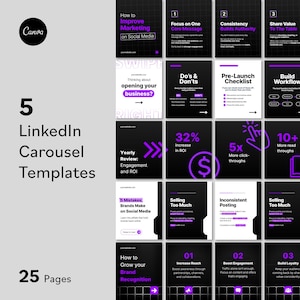 May include: A digital collection of 25 LinkedIn carousel templates for Canva, featuring a black and white color scheme with purple accents. The designs include text-based slides for marketing strategies, checklists, and business growth tips.