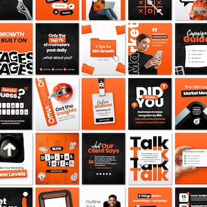 Op de afbeelding: Een verzameling social media marketing graphics in zwart en oranje. De graphics bevatten tekst zoals "3 Tips for SEO Growth", "Digital Tactics" en "Online Webinar". Het algemene thema is marketing.