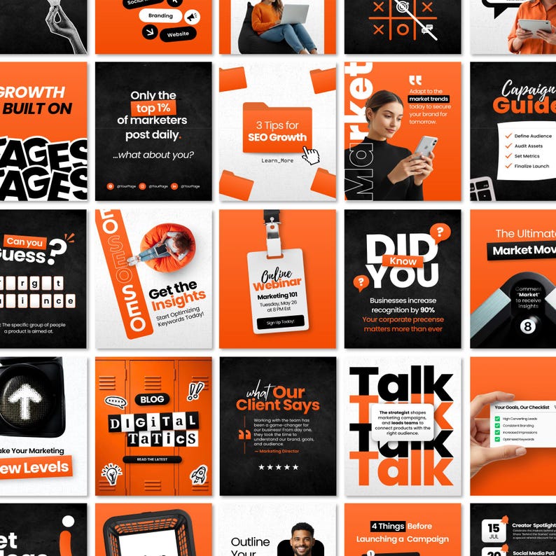 May include: A collection of social media marketing graphics in black and orange. The graphics include text such as "3 Tips for SEO Growth", "Digital Tactics", and "Online Webinar". The overall theme is marketing.