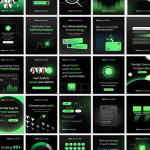 Pode incluir: Uma coleção de gráficos de marketing digital com fundo escuro e detalhes verdes. Os gráficos incluem textos como "Otimize o desempenho dos seus anúncios" e "Tecnologia para impulsionar suas equipes."