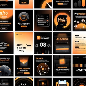Op de afbeelding: Een verzameling digitale interface-ontwerpen met een zwart en oranje kleurenschema. De ontwerpen bevatten tekst en afbeeldingen met betrekking tot AI, automatisering en bedrijfsgroei. Sommige ontwerpen bevatten de tekst "Just a Click Away!" en "Automize Your Workflow."