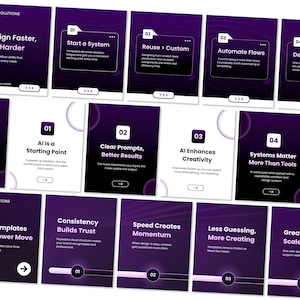 Könnte beinhalten: Eine Sammlung dunkelvioletter quadratischer Karten mit weißem Text und nummerierten Überschriften. Die Karten zeigen Geschäftskonzepte wie AI is a Starting Point, Clear Prompts, Better Results, AI Enhances Creativity und Systems Matter More Than Tools.
