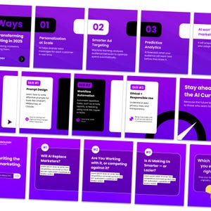 May include: A collection of purple digital marketing infographic cards featuring white text and black accents. The cards display numbered lists and headers including Ways Transforming Marketing in 2025, Personalization at Scale, Smarter Ad Targeting, Predictive Analytics, Prompt Design, Workflow Automation, Ethical + Responsible Use, and questions about AI.