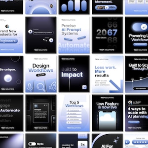 以下が含まれることがあります： ダークブルーと白を基調としたデジタルマーケティンググラフィックのコレクション。テクノロジーソリューションを促進し、AIプロンプトシステム、ワークフロー設計、自動化を強調しています。「Impact」や「New Feature is now live」などのテキストが含まれています。