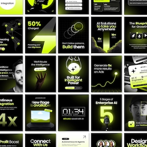 Op de afbeelding: Een raster van vijfentwintig vierkante digitale afbeeldingen met een zwart en neongroen kleurenschema. De ontwerpen bevatten tekst, abstracte vormen, iconen en fotografische elementen gerelateerd aan kunstmatige intelligentie en bedrijfsgroei.