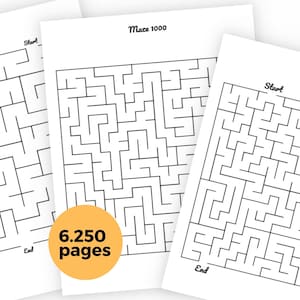 May include: Three white paper mazes with black lines and the text "Maze 1000" at the top. The mazes have a "Start" and "End" label. A yellow circle with the text "6.250 pages" is in the foreground.