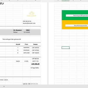May include: A digital invoice displayed on a spreadsheet. The document includes company details, customer information, service descriptions, quantities, prices, and a total amount. Buttons to save as PDF and create a new invoice are visible.