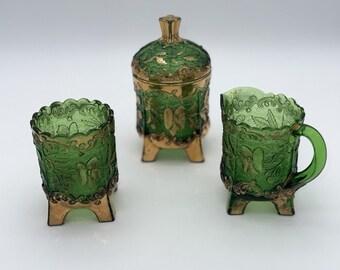 Antique EAPG Floradora Green Gold Sugar Creamer Spooner Table Set US Glass Co