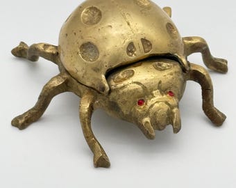 Vintage Brass Ladybug Beetle Ashtray Hinged Trinket Box Red Rhinestone Eye MCM