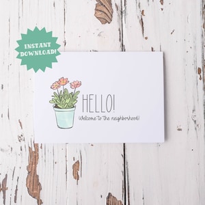 Carte imprimable Bienvenue dans le quartier, carte de voeux de pendaison de crémaillère, plante rose en pot, carte de bienvenue de nouveau voisin