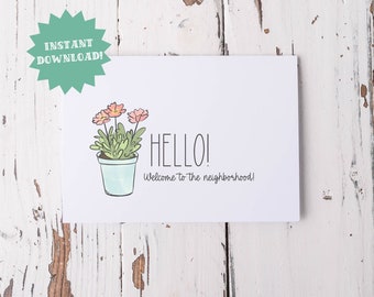 Welcome to the Neighborhood printable card, Housewarming greeting card, pink potted plant, new neighbor welcome card