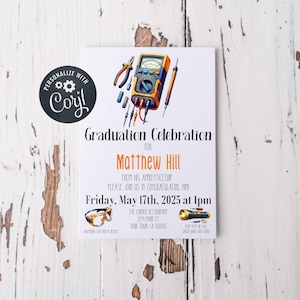 Puede incluir: Tarjeta de invitación blanca con el texto "Graduation Celebration for Matthew Hill". La tarjeta presenta ilustraciones de herramientas eléctricas, incluyendo un multímetro, alicates y un soldador. El evento está programado para el 17 de mayo de 2025 a la 1 pm.
