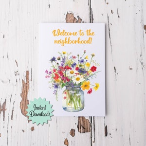 Tarjeta imprimible de bienvenida al vecindario, tarjeta de felicitación de inauguración de la casa, tarjeta de bienvenida para un nuevo vecino, frasco de vidrio con flores silvestres