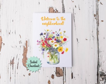 Welcome to the Neighborhood printable card, Housewarming greeting card, new neighbor welcome card, mason jar of wildflowers