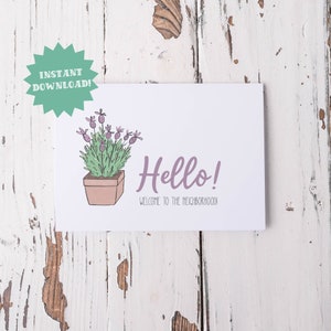 Tarjeta imprimible de bienvenida al vecindario, tarjeta de felicitación de inauguración de la casa, planta de lavanda en maceta, tarjeta de bienvenida para nuevo vecino