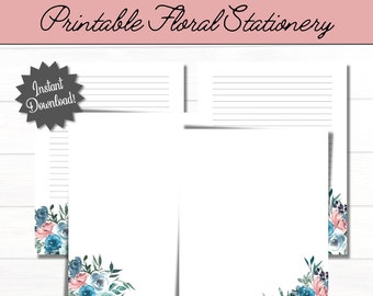 May include: Printable floral stationery featuring white paper sheets with horizontal lines and watercolor-style blue, teal, and pink flower clusters at the bottom corners. A dark gray starburst icon displays the text Instant Download.