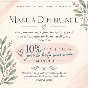 Puede incluir: Un gr&aacute;fico informativo cuadrado con fondo crema y detalles de hojas en acuarela. El texto dice: Make a Difference, Real People Real Stories Real Hope, Your purchase helps provide safety, support, and a fresh start for human trafficking survivors. 10% of all sales goes to help survivors monthly. Donations help with everyday needs like groceries, medical co-pays, and other essential items.