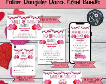 Editable Heart Theme Father Daughter Dance Flyer, Social media bundle, Valentine's Dance invitation